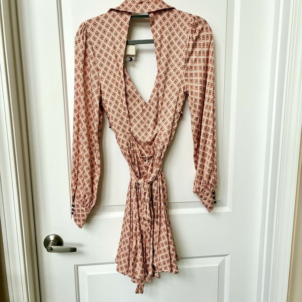 Free People Womens Sz S Ivory Orange Teal Geo Wrap Mini Dress Open Back NWT - Picture 9 of 15